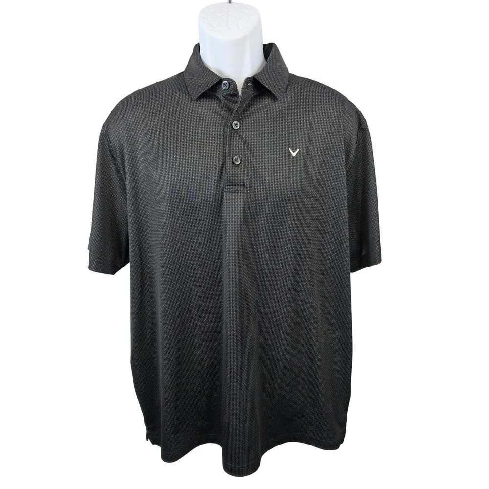 Callaway Opti-Dri Mens Large Black Gray Grid Performance Golf Polo Shirt Logo